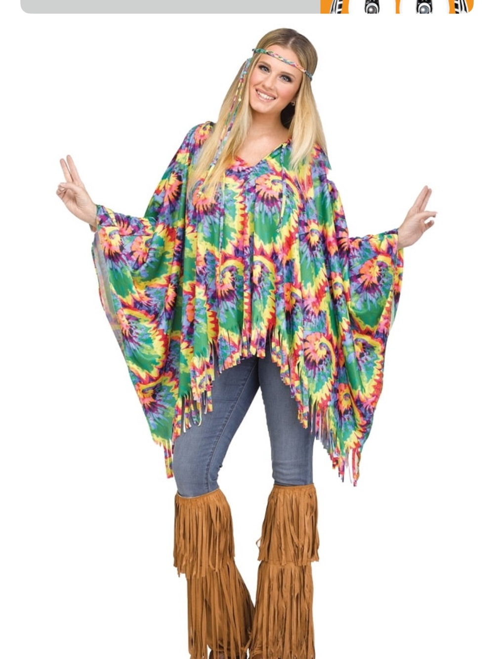 Hippie tie Dye Poncho Costume 60's 70's Fun World One Size